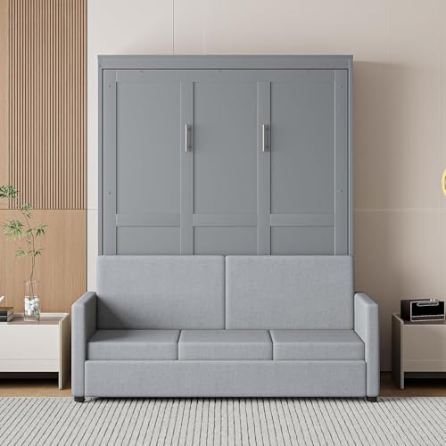 Virubi Full Murphy Bed with Couch,Wood Folding Murphy Wall Bed Cabinet with Sofa (Grey,Full) Virubi
