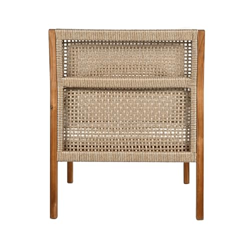 Christopher Knight Home Lena Patio Accent Chair, Acacia Wood Club Chair, Wicker Backrest Armchair, Upholstered Cushion Seating, Wooden Chairs for Balcony Backyard Garden, 23.5" 400lbs Teak+Cream Christopher Knight Home