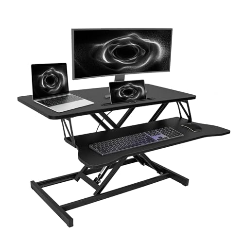 OUKMIC Standing Desk Converter 32” Height Adjustable Sit to Stand Up Desk Riser with Keyboard Tray for Home or Office, Dual Monitor and Computer Workstation Wide 2-Tier Desktop, Black OUKMIC