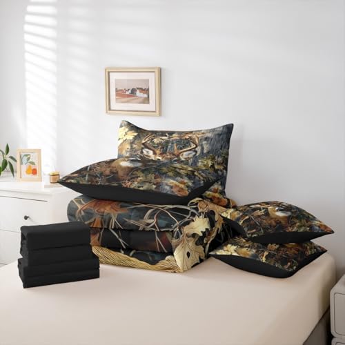 Erosebridal Deer Camo Queen Comforter Set with Sheets Rustic Hunting Bedding Set 7-Piece for Men Boys Kids Adults Camouflage Army Deer Bed in A Bag Vintage Hunting Animals Quilt Duvet Insert Erosebridal