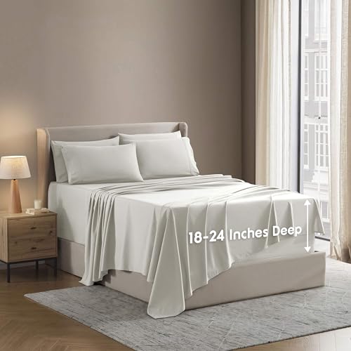 Nestl Extra Deep King Sheet Set - 6 Piece Breathable & Cooling Sheets - Hotel Luxury Bedding Set w/18-24 Inch Deep Pockets - Easy & Secure Fit - Super Soft, Wrinkle Free & Comfy - Off White Nestl