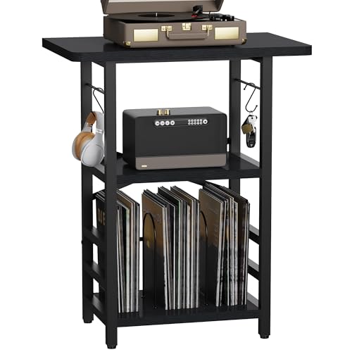 YAKANJ Record Player Stand with Extended Desktop,Large Record Player Table with Vinyl Storage,Turntable Stand with Record Holder Vinyls Display Shelf for Music Room Studio,Modern Black YAKANJ