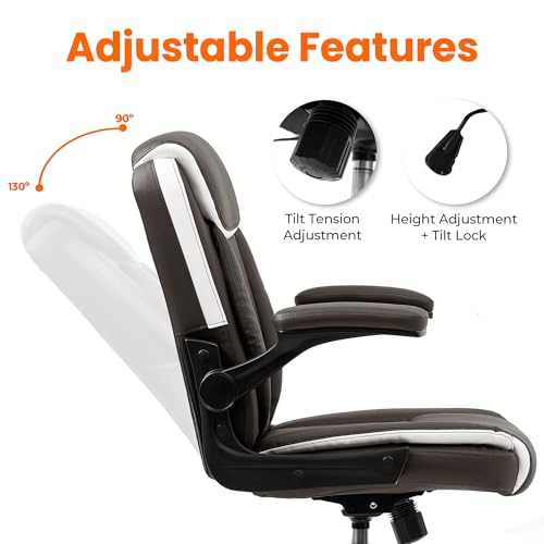 NEO CHAIR Office Desk Computer Chair Ergonomic Executive Mid-Back Leather Gaming Chair with Adjustable Flip-Up Armrests Wheels Swivel for Home Study Task (Brown) NEO CHAIR