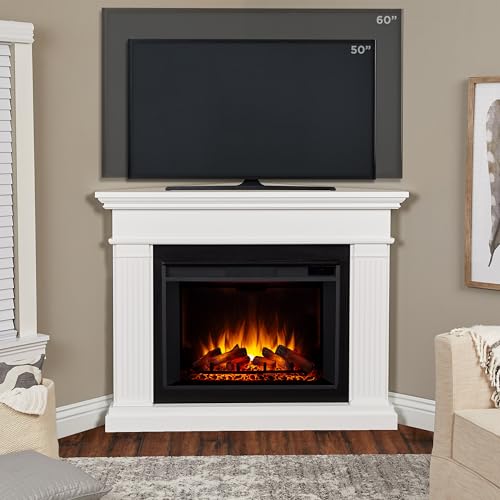 Real Flame Kennedy Grand Corner Electric Fireplace with Mantel for Living Room or Bedroom, Replaceable Fireplace Insert Heater, Realistic Log and Flame Effect, Remote Control, Timer, White Real Flame