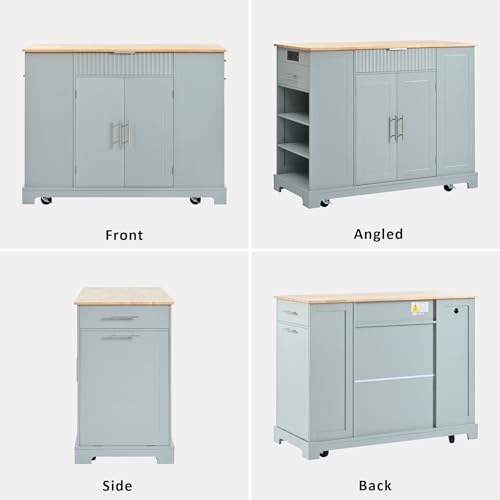 Ball & Cast Fluted Kitchen Island with Trash Can Storage Cabinet,Power Outlet,Internal Storage Rack,Rolling Kitchen Islands On 5 Wheels W/3 Drawer&3 Open Side Racks for 10 Gallon Garbage Bin,Grey Blue Ball & Cast