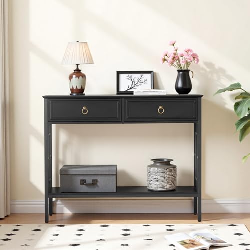 MAHANCRIS Console Table with 2 Drawers, Entryway Table with Storage Shelf, Entrance Accent Tables, 2-Tier Narrow Hallway Table, Behind Couch Table, for Entryway, Living Room, Hallway, Black CTBK6101 MAHANCRIS