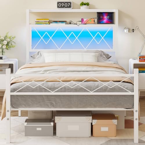 Weehom Twin Bed Frames with Headboard, Metal Bed Frame with 2-Tier Shelves Storage, Modern Twin Platform Bed with Charging Station & LED Lights - No Box Spring Needed, White Weehom