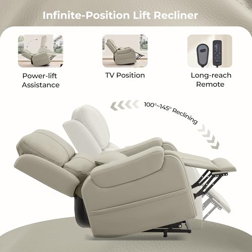 CHITA Power Lift Recliner Chair for Elderly with Heat and Massage, Genuine Leather Electric Lift Chairs with Cup Holder, Removable Lumbar Pillow, 2 Side Pockets, Leather in Gray