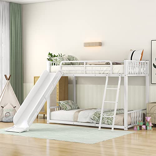 Bellemave Bunk Bed with Slide, Metal Twin Over Twin Bunk Bed with Slide and Ladder, Made of Heavy Duty Steel, for Girls Boys Teens – White Bellemave