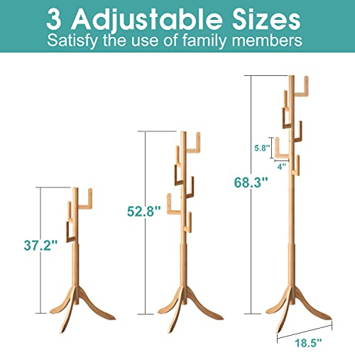 Vriccc Coat Rack Freestanding, Bamboo Cactus Coat Tree, Adjustable Height Wooden Coat Stand with 6 Hooks, kids coat rack, Used In The Bedroom Living Room, Office To Hang Clothes, Hats, Bags Vriccc