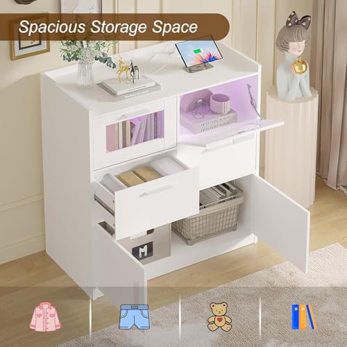 VECELO Dresser for Bedroom with Charge Station and Lights, Chest of 4 Drawers Closet with Raised Edge and Bottom Storage Cabinet, Wooden Organizer for Hallway Living Room, White VECELO