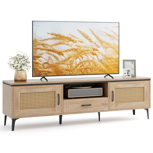 Tangkula Boho TV Stand for 65 Inch TVs, Mid Century Modern Media Entertainment Center with Drawer, 2 Cabinets with Rattan Doors, Metal Legs, Cable Hole, TV Console Table for Living Room (Oak) Tangkula