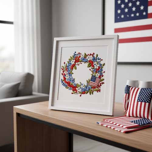 JJFox Embroidery Kit for Beginners & Adults, DIY Hand Embroidery Starter Kit with Cute Pattern, Cross Stitch Kit with Bamboo Hoop, Threads, Needles & Instructions (Independence Day Wreath)