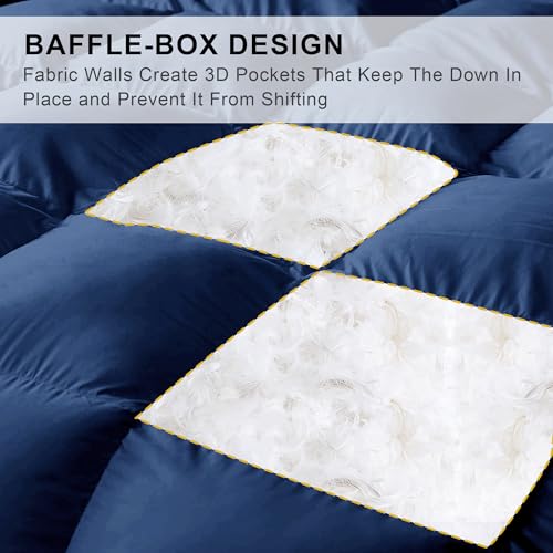 ALPSWAN Luxury Goose Feather Down Fiber Comforter Queen Size, 300TC Blue Cotton Blended Duvet Insert, All Season Hotel Bedding Alternative Down Comforter with Corner Tabs (Blue, Queen) ALPSWAN
