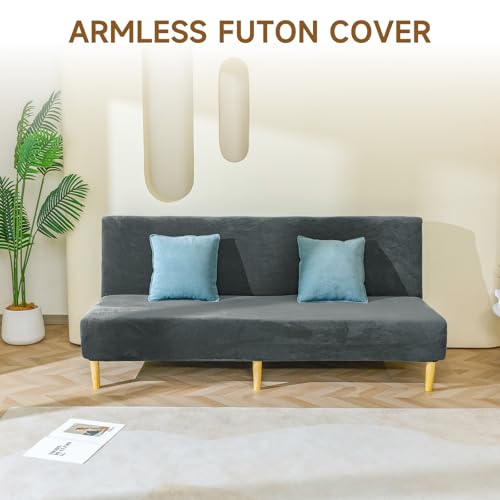 Armless Futon Cover Velvet Futon Slipcover Soft Stretch Couch Covers with No Arm Sofa Bed Cover with Non-Slip Thick Plush Furniture Protector Washable Couch Slipcovers for Living Room(Dark Grey) XIAROGEE