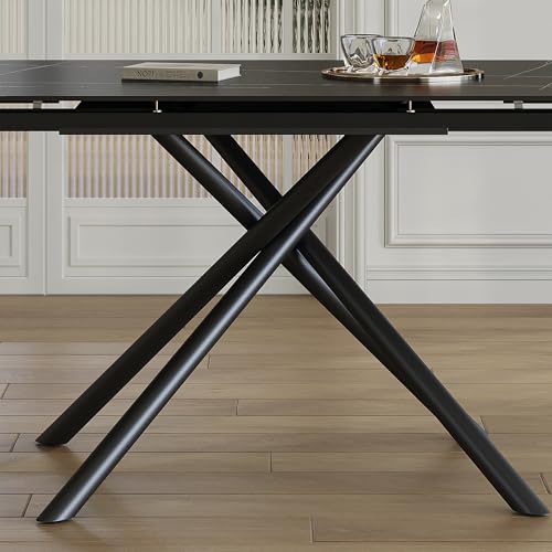 Runboll Extendable Rectangular Dining Table Set for 8, 47"-71" Modern Sintered Stone Kitchen Table with 8 Chairs and Carbon Steel Legs for Dining Room Family Gathering Runboll