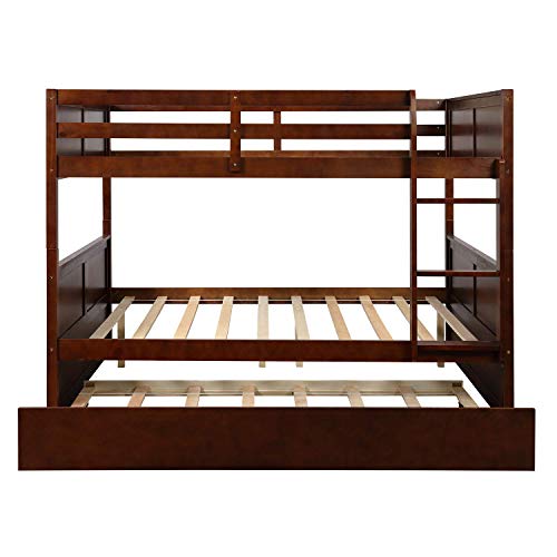 NC Full Over Full Wood Bunk Bed with Twin Trundle Bed and Removal Ladder and Safety Rail, Can be Divided into 2 Beds, Walnut N\C