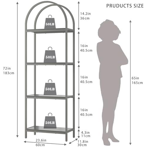 Kogven Arched Industrial 4-Tier Bookcase with Metal Frame - 72" Tall Freestanding Storage Rack in Black Kogven