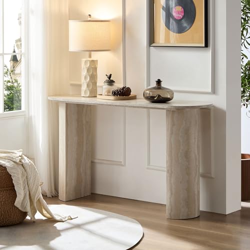 55.12" Marble Console Table Curved Narrow Entryway Table for Living Room Industrial Hallway, Entrance, Office, Corridor, Long Foyer, Corridor, Modern Faulx Marble Travertine Pattern Sofa Couch Table SCANORDIC