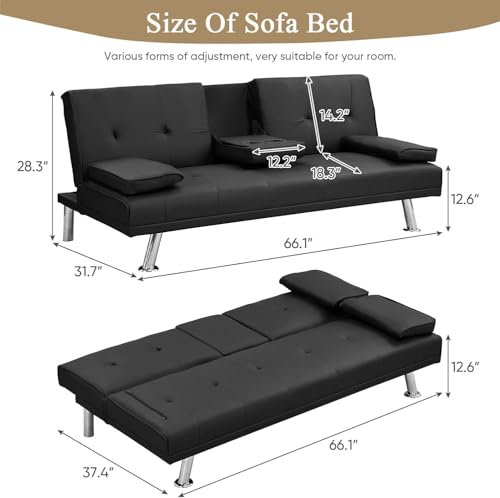Futon Sofa Bed Modern Folding Couch for Small Space, Faux Leather Convertible Loveseat Sleeper Bed Daybed Recliner Lounge Sofas for Living Room,2 Cup Holders,Metal Legs,Removable Armrests (Black) Anwick