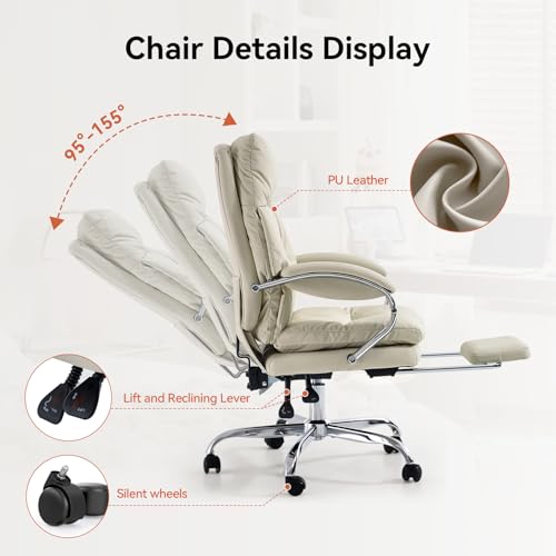 LEAGOO Office Chair with Foot Rest, Ergonomic Executive Office Chair with Arms, Reclining High Back PU Leather Comfy Swivel Computer Desk Chairs with Wheels and Lumbar Support for Home Office, Cream LEAGOO