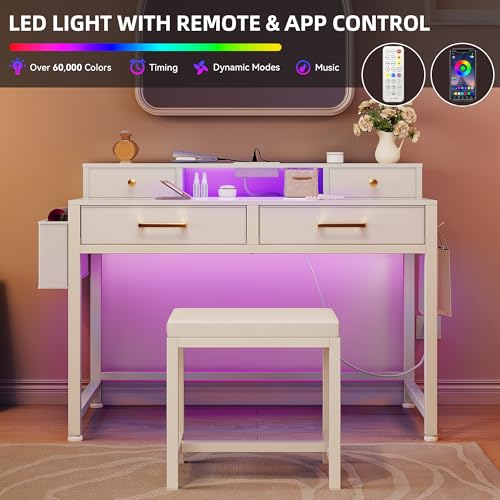 DWVO Small Vanity Table with Stool, RGB Light Strips, Makeup Desk with Storage Drawers, Charging Station, Side Hook & Fabric Pocket, Mirrorless DWVO