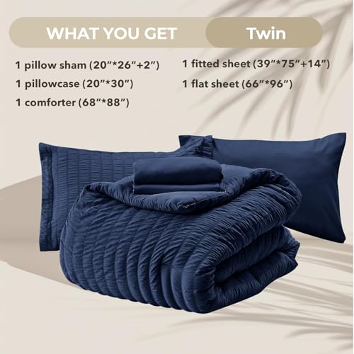 HYMOKEGE Navy Blue Twin Comforter Set Seersucker 5 Pieces, All Season Luxury Bed in a Bag for Bedroom, Bedding Set with Comforters, Sheets, Pillowcase & Sham HYMOKEGE
