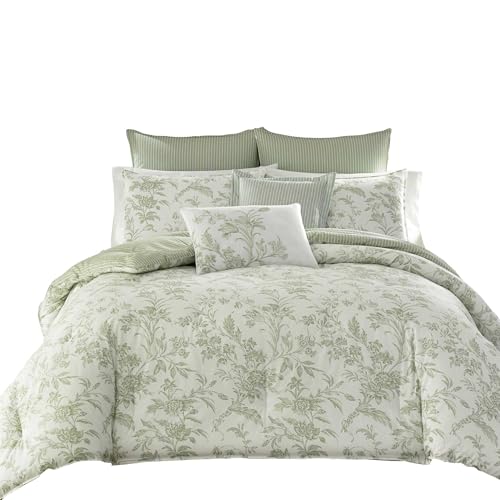 Laura Ashley Home - King Duvet Cover Set, Reversible Cotton Bedding, Includes Matching Shams with Bonus Euro Shams & Throw Pillows (Natalie Green, King) Laura Ashley