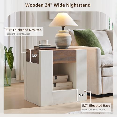 OKD 24" Wide Modern Nightstand, Wood Night Stand with Charging Station & Hidden Drawer, Side Table Bedroom with Storage Shelf, End Table, Antique White OKD