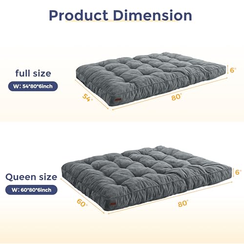 MAXYOYO 6" Futon Mattress Full Size, Tufted Futons Sofa Couch Bed with Twisted Rope Design Edging, Thick Corded Fabric Floor Mattress for Adults, Shredded Foam Filling (Frame Not Included), Dark Grey MAXYOYO