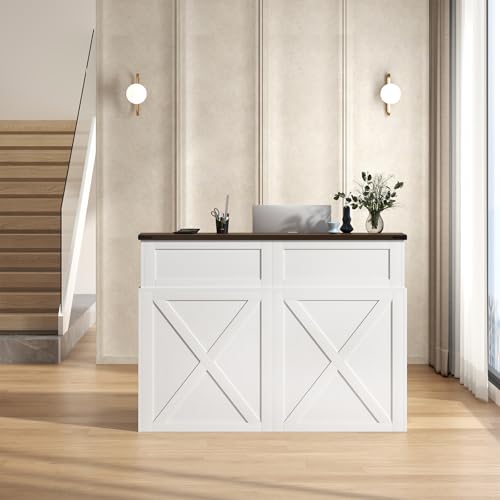 Epecoya Tall Reception Desk with Counter, 47-Inch Modern Front Desks, Unique Barn Door Home Design Office Table Retail Counter for Checkout, Lobby, Beauty Salon, White Epecoya