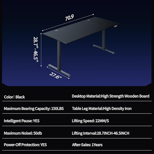 Shintenchi Standing Desk, 71x31 Inch Height Adjustable Electric Sit Stand up Desk, Ergonomic Rising Computer Table, Modern Lift Gaming Desk Workstation for Home Office, Black Shintenchi