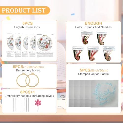 5 Sets Skull Embroidery Kits for Beginners Adults, Anatomy Embroidery Starter Kit for Doctors Nurses Christmas Gifts with Floral Stamped Pattern DIY Needlepoint Kit Cross Stitch Set Includes 2 Hoops