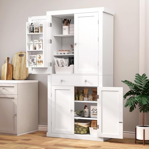 FIONESO 72” Pantry Cabinet, Kitchen Pantry Cabinet with 6 Doors Shelves and 1 Drawer, Tall Storage Cabinet, Cupboard with 4 Door for Kitchen, Dinging Room, Living Room, White FIONESO