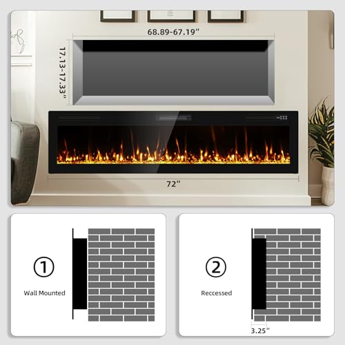 Eueiriup 2025Newly Upgraged 72 inch Ultra Thin Electric Fireplace Inserts and Wall Mounted with Remote Control & Touch Screen 1500W Fireplace Heater with Timer Eueiriup