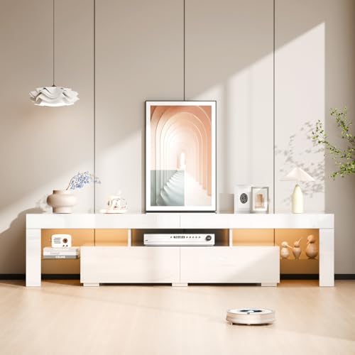 VINGLI LED TV Stand, 71'' Modern Entertainment Center with LED Lights and Storage for 65/70/75/85 Inch TV (White, 71'' x 14'' x 18'') VINGLI