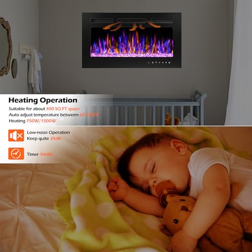 BETELNUT 30" Electric Fireplace Wall Mounted and Recessed with Remote Control, 750/1500W Ultra-Thin Wall Fireplace Heater W/Timer Adjustable Flame Color and Brightness, Log Set & Crystal Options BETELNUT