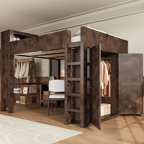 CKLMMC Wooden Queen Loft Bed with Desk, Headboard with Storage and USB, Space-Saving Modern Design for Small Rooms (Brown-Q1) CKLMMC