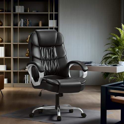 Homall Office Chair High Back Computer Desk Chair, PU Leather Adjustable Height Modern Executive Swivel Task Chair with Padded Armrests and Lumbar Support (Black) Homall
