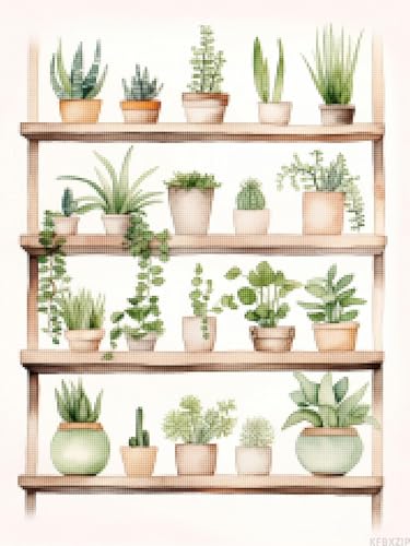 Stamped Cross Stitch Kits, Antique Flower Embroidery Design, Cactus Tropical Plants Plant Love Art, Boho House Plant Decor, Needlepoint Counted Cross Kits for Beginners, 11CT No Frame, 12x16 inch