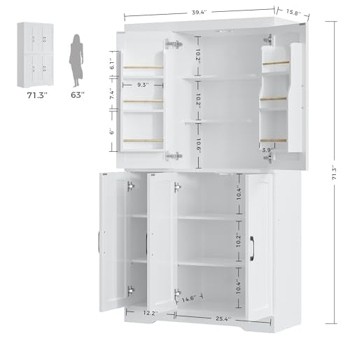 IRONCK Kitchen Pantry Storage Cabinet, Modern Food Pantries with 12 Shelves, 2 Door Racks, Adjustable Shelves, Freestanding Cupboard for Kitchen, Dining Room, White IRONCK