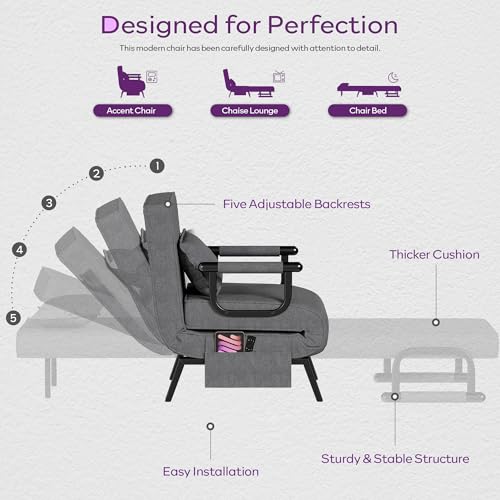 TYBOATLE Sleep Chair Bed, Comfy Convertible Sleeper Chairs for Adults, 5 in 1 Folding Sofa Bed with Adjustable Backrest & Side Pockets & Pillow, Cozy Small Couch for Small Spaces, Office (Dark Grey) TYBOATLE