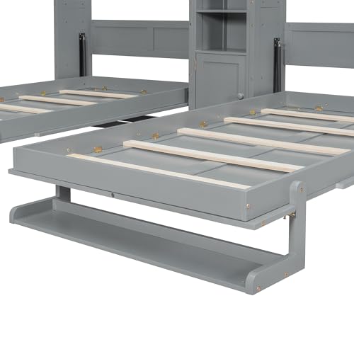 Aiuyesuo Dual Twin Size Wall Murphy Beds with Cabinets and Shelves, Pinewood Murphy Beds Frame with Convertible Shelf-Legs and Central Storage Unit for Guest Room, Bedroom, Home, Office (Gray-JU15) Aiuyesuo