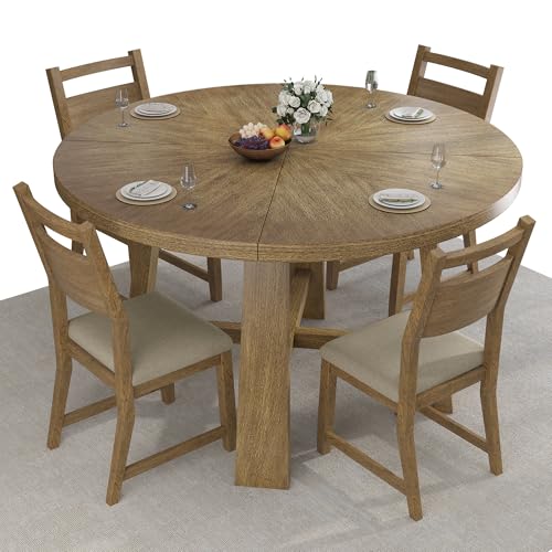 Jocisland Round Solid Wood Dining Table Set for 4, 5-Piece Mid-Century Kitchen & Dining Room Furniture with Padded Chairs, Space-Saving Design, Radial Grain Finish, Easy Assembly Jocisland
