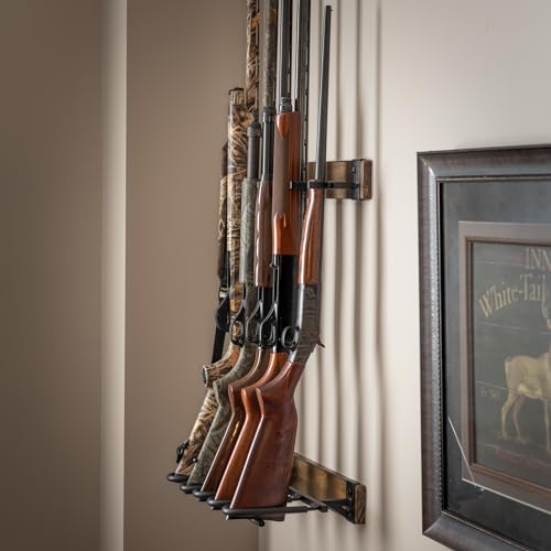 Indoor 5 Gun Rack for Wall, Rifle Rack and Shotgun Wall Mount, Rustic Wood and Solid Steel Supports up to 100 lbs, Vertical Gun Rack Wall Mount for StoreYourBoard