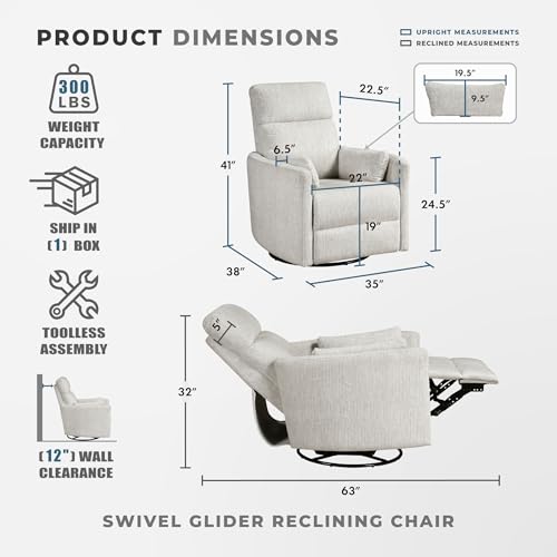 Lexicon Upholstered Swivel Recliner Chair - 360 Swivel Accent Chair Nursery Glider, Manual Recliner with Pull Handle, Microfiber, 2 Pillows, Easy Pull-Handle for Living Room/Bedroom/Apartment, Beige