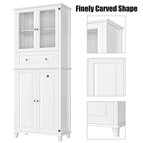 FACBOTALL 76'' Kitchen Pantry Storage Cabinet, Pantry Cabinet, Freestanding Kitchen Cupboard with Large Drawer, Doors, and Adjustable Shelves for Dining Room, Living Room, Laundry, White FACBOTALL