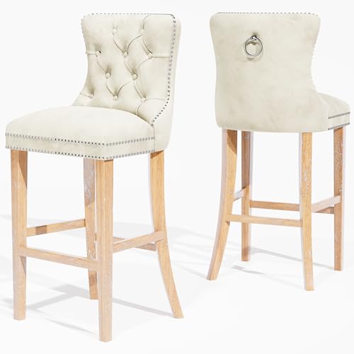 DKLGG 27''H Counter Height Bar Stools Set of 2, Velvet Tufted High Bar Stools with Back and Footrest, Upholstered Bar Tall Chairs for Kitchen Island, Dining Room, Pub(Beige) DKLGG