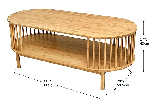 VaeFae Oval Coffee Table, Bamboo Coffee Table for Living Room, 2-Tier Wooden Farmhouse Center Table with Storage Shelf VaeFae