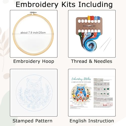 Louise Maelys Owl Embroidery Kits for Beginners, DIY Cross Stitch Starter Craft Kit for Adults Including Cloth with Pattern, Hoop, Needles Instruction and Threads